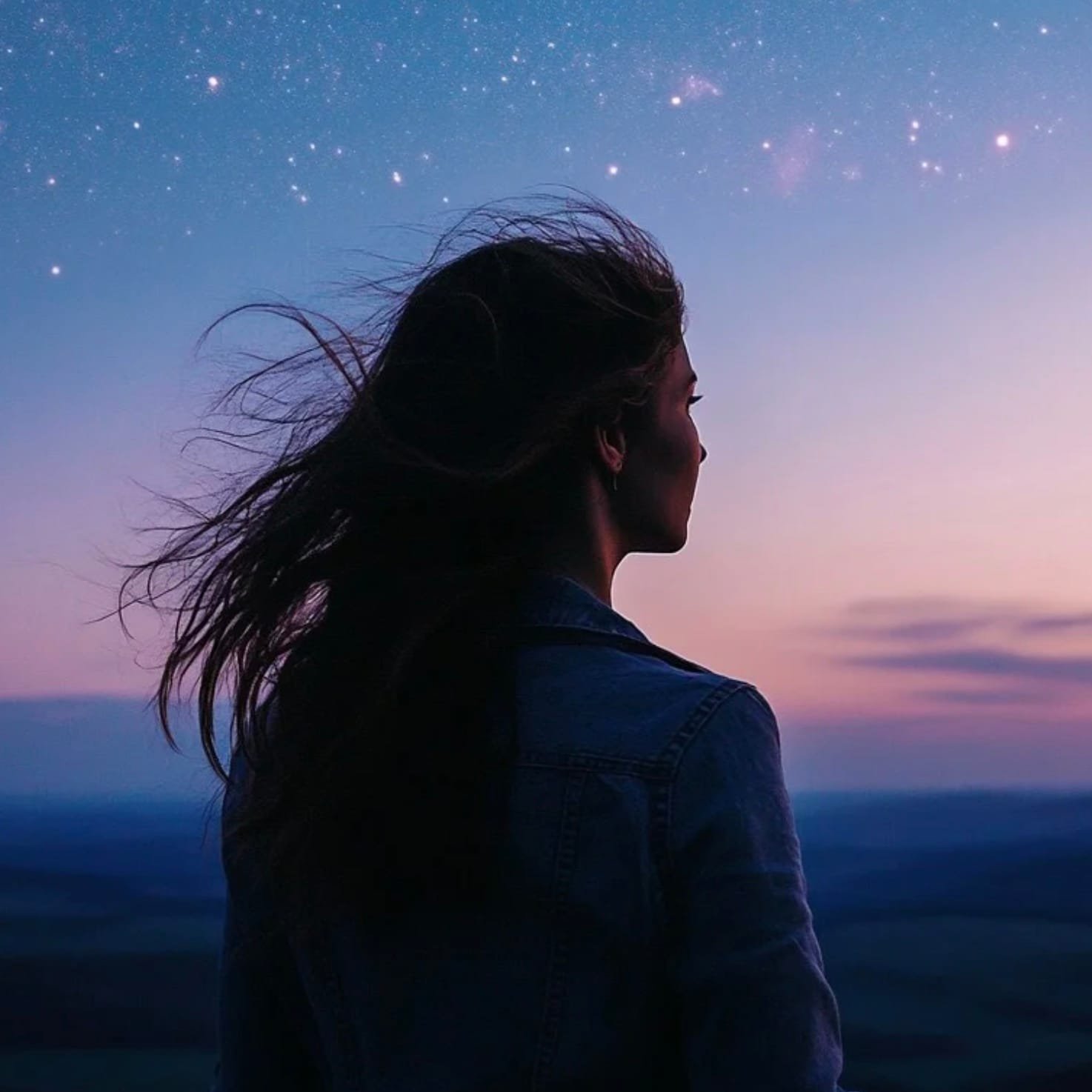 Silhouette of a woman looking up to a starry night sky. Remembering lost loved ones ashes in space.