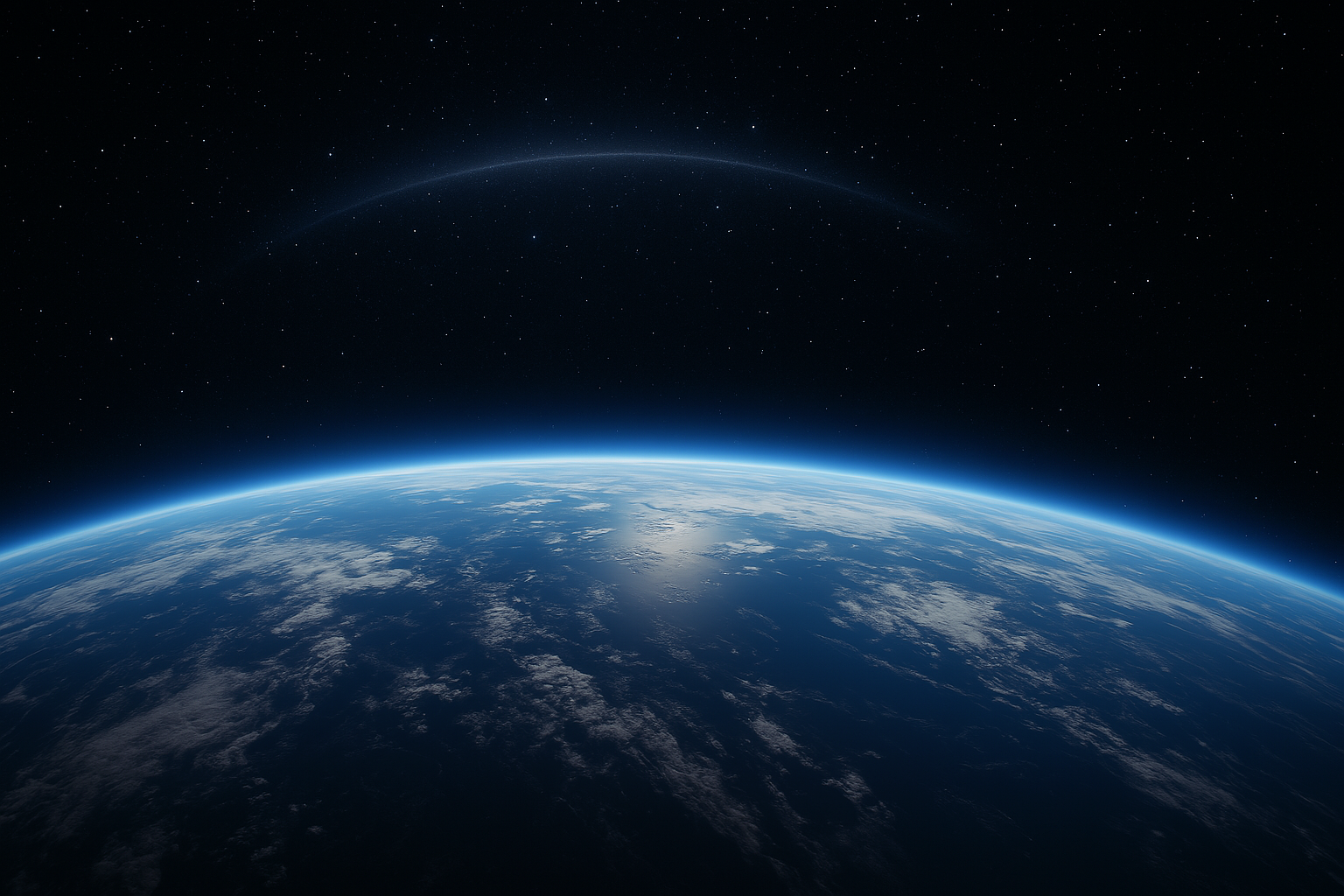 Earth horizon from space with the faint glowing arc symbolizing the spacecraft orbit above.