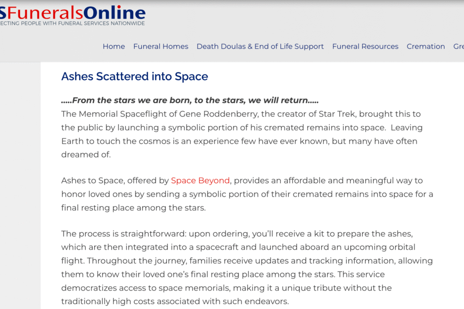 Screenshot of US Funerals Online website featuring Space Beyond