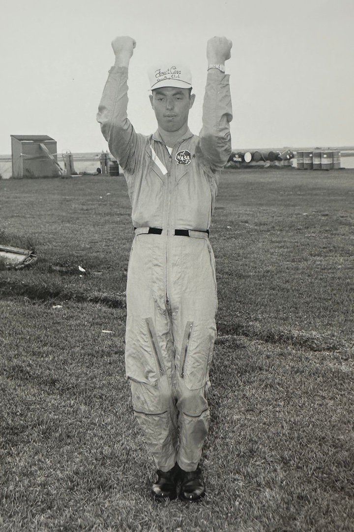 Coy Martin photo from a NASA Gemini training manual, demonstrating proper parachute landing position.