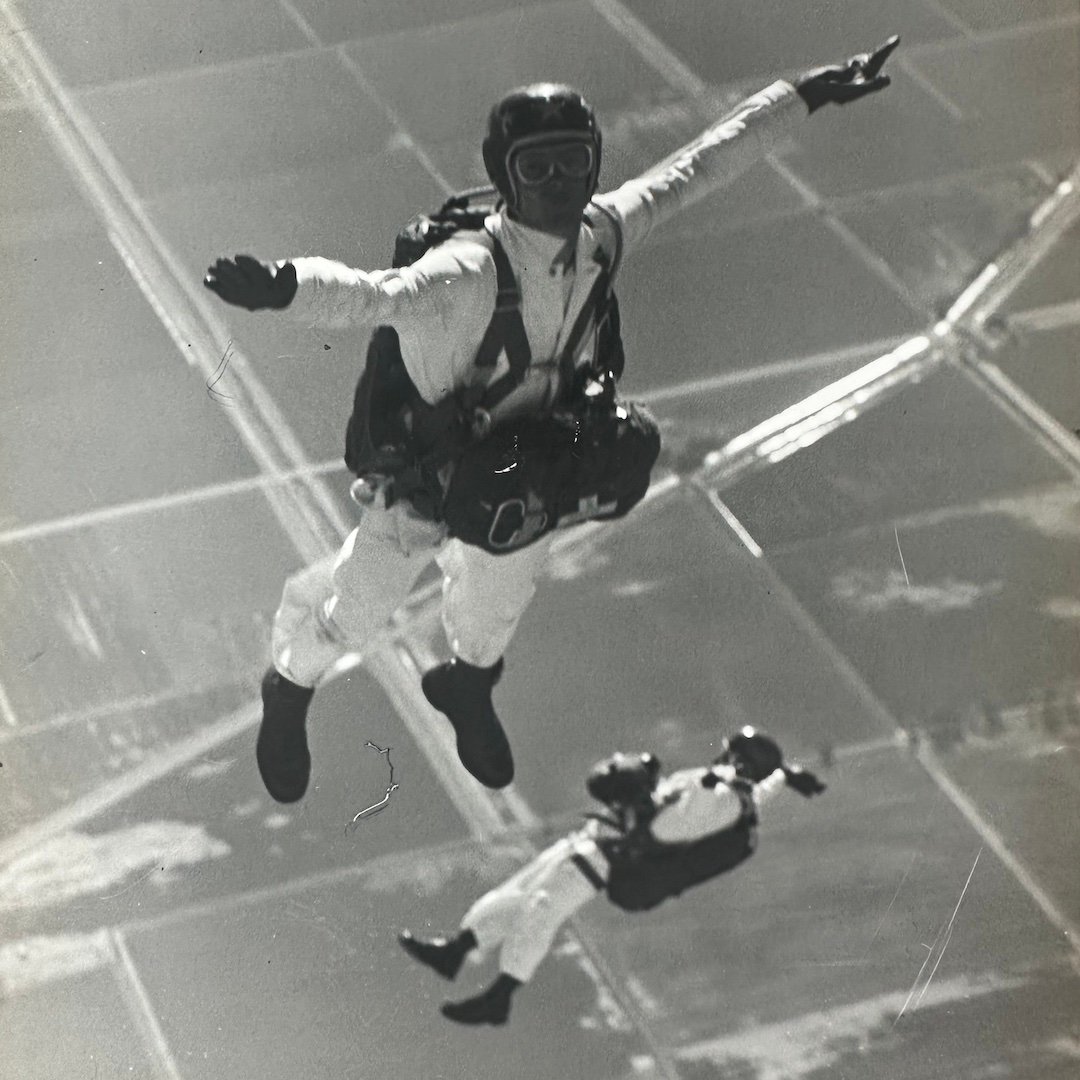 Coy Martin and teammate skydiving as a founding member of the Navy Chuting Stars.