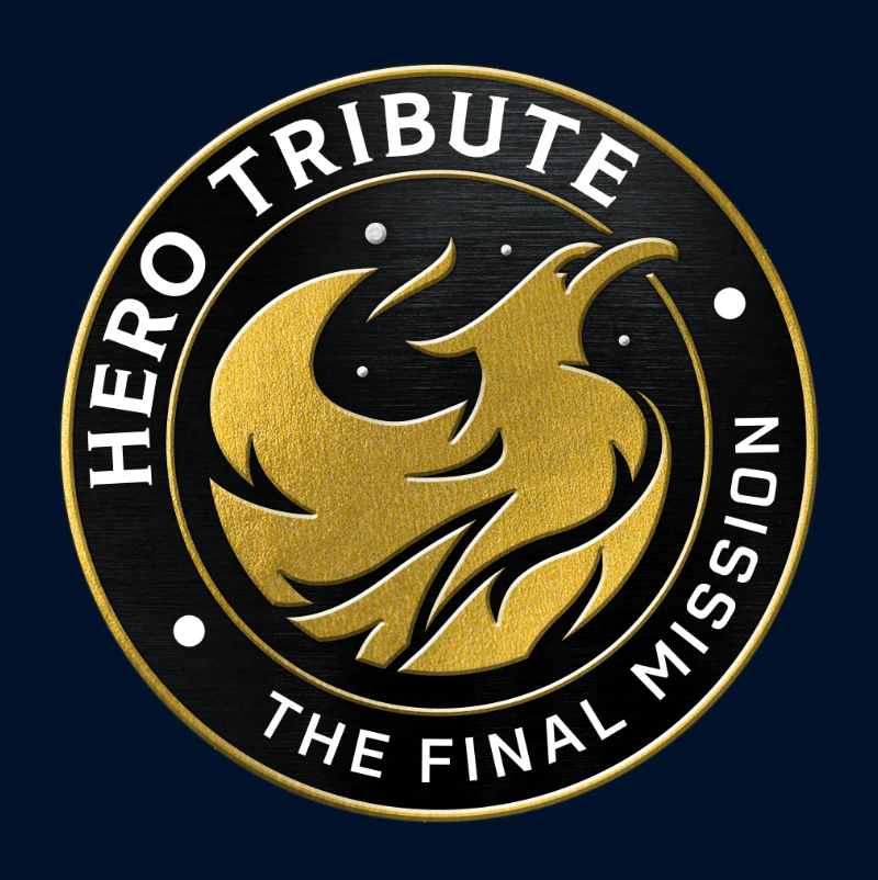 Hero Tribute mission patch with slogan "The Final Mission" emblazoned along perimeter. Golden phoenix rising against starry night sky.