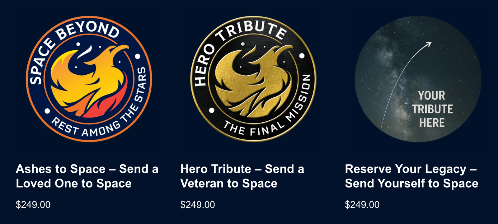 Preview of Space Beyond store, showing the three available options: Ashes to Space, Hero Tribute, and Reserve Your Legacy