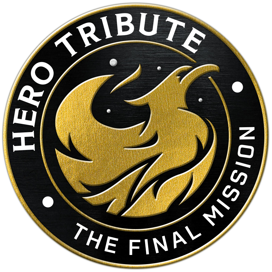 Hero Tribute mission patch with slogan "The Final Mission" emblazoned along perimeter. Golden phoenix rising against starry night sky.