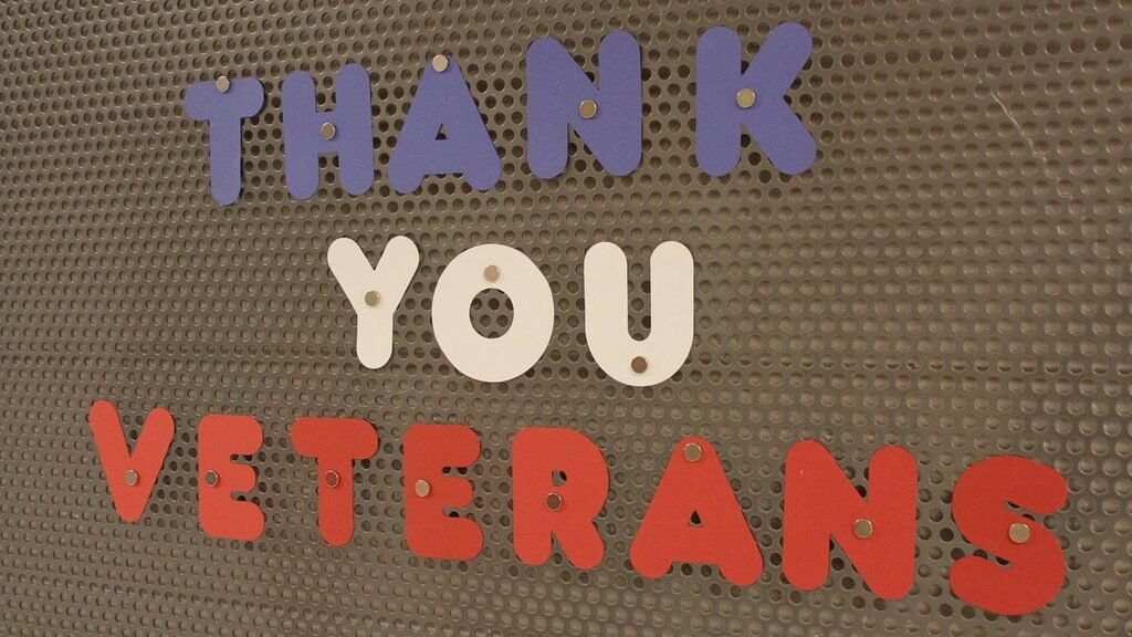 Thank You Veterans wall art in red, white, and blue, celebrating Veterans Day.