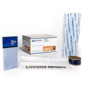 USPS Small Cremated Remains Kit 2, containing a box, plastic bag, bubble wrap, tape, and instruction pamphlet.