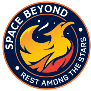 Ashes to Space Mission patch: Flame-colored phoenix rising against a starry night background. "Space Beyond - Rest Among the Stars" text along border.