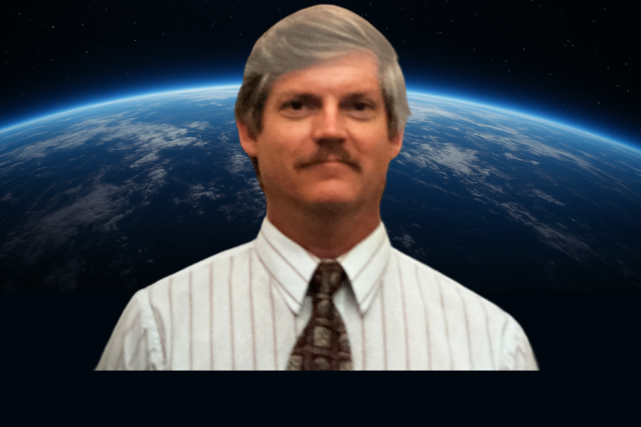 Ashtronaut Mark McElroy Wheeler headshot superimposed over Earth from orbit, where his ashes will Rest Among the Stars for years to come.