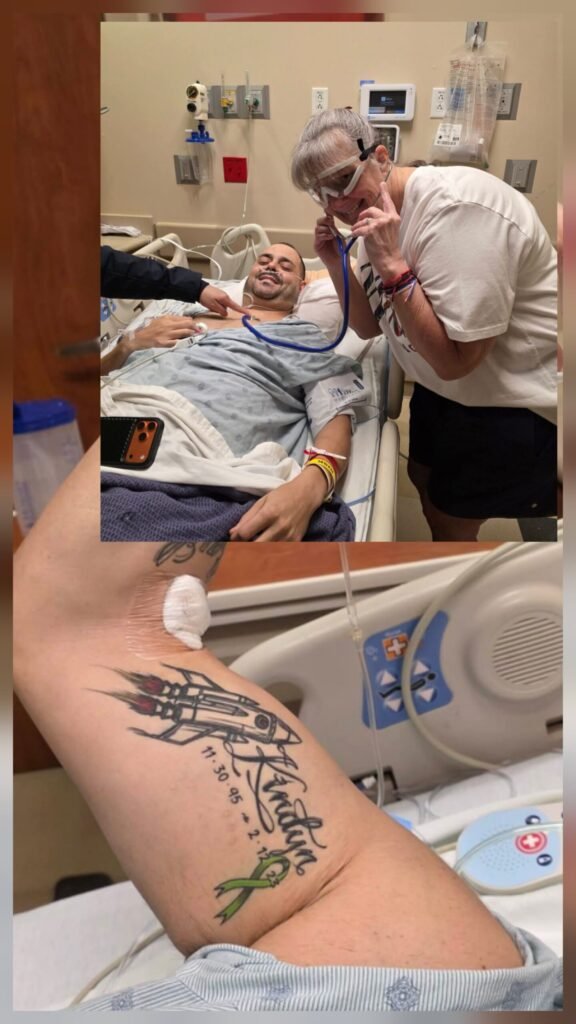 Kindyn Jinkins' heart donation recipient with his mother, Melanie, showing a memorial rocket ship tattoo honoring Kindyn Rheed Jinkins born November 30 1995 — a tribute carried forever by those who love him.