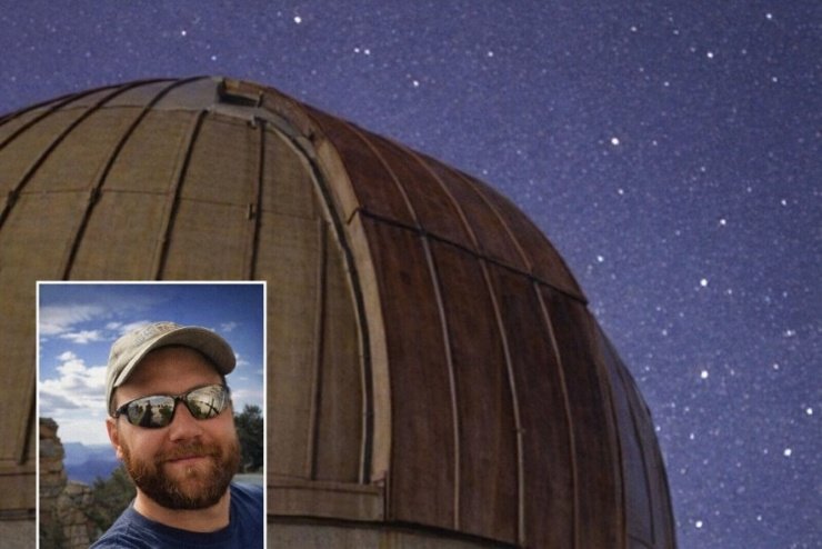 Ashtronaut David Scott Mertins portrait composited over an observatory dome under a starry night sky, honoring his work as an astronomy educator.