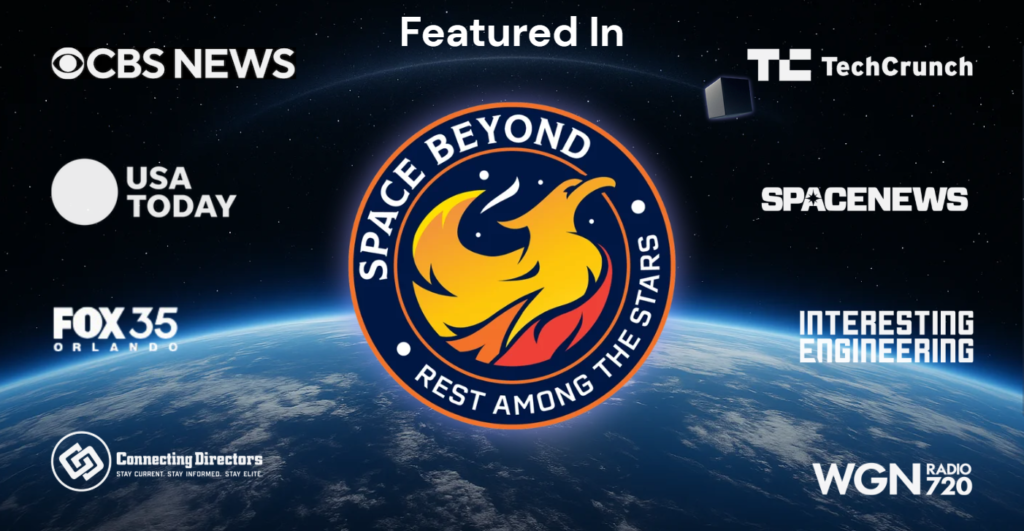 Space Beyond's Remembrance spacecraft in orbit with the mission patch centered and a 'Featured In' banner showing logos for CBS News, TechCrunch, USA Today, SpaceNews, Fox 35 Orlando, Interesting Engineering, Connecting Directors, and WGN Radio.