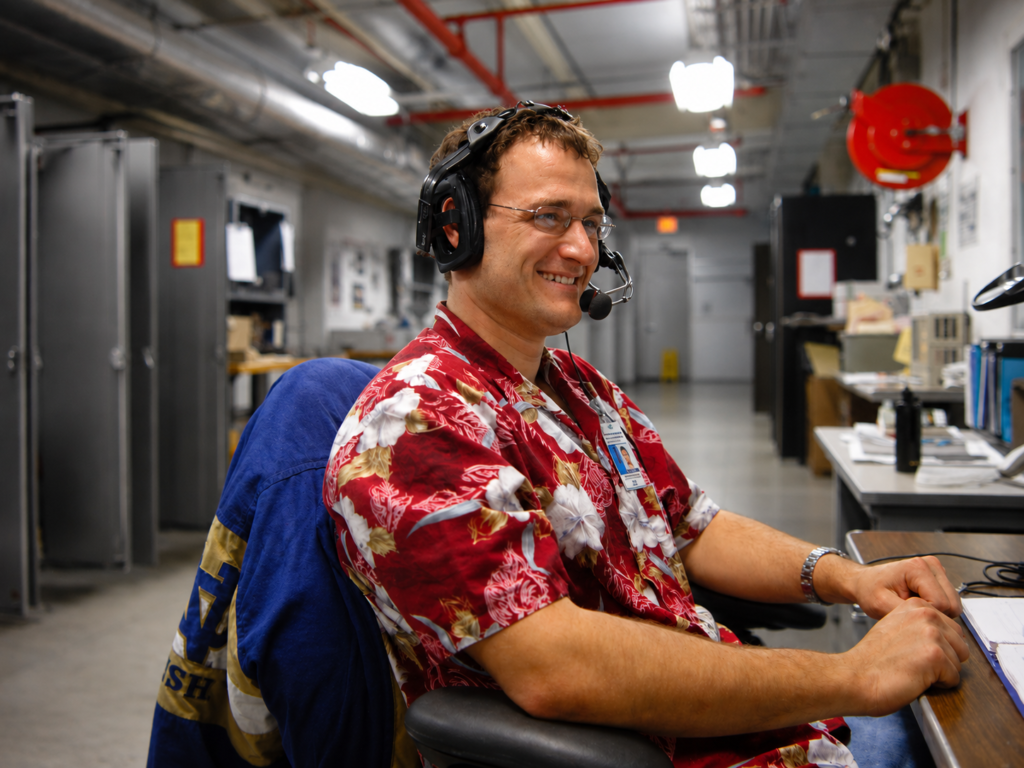 Space Beyond founder Ryan Mitchell at age 22, wearing a headset in a Space Shuttle-era control room at United Space Alliance, seated in front of equipment racks.